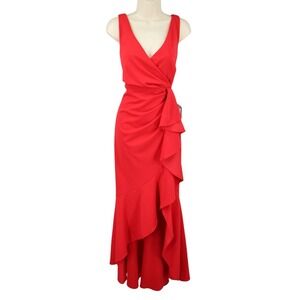 Betsy Adam Candace Red Ruffle High Low Gown Sleeveless V Neck Formal Dress 10